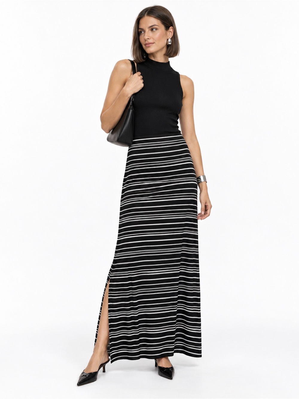 a.n.a Black White Striped Maxi Skirt Small Foldover Waist Stretch Knit Casual